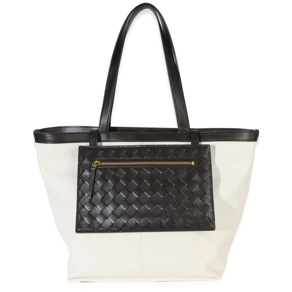 Bottega Veneta Beige Brown Canvas Mix Intrecciato Nappa Medium Flip Flap Tote